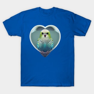 Cute Budgie In a Heart Shape on blue background. Perfect Valentines Bird T-Shirt